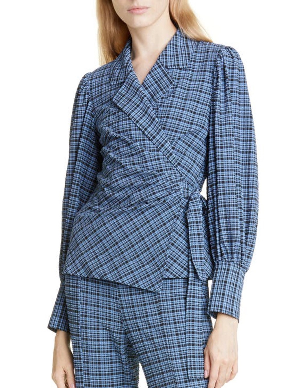 GANNI Blue Black Plaid Seersucker Wrap Blouse Size 42 Long Sleeve Tie Waist
